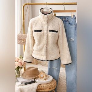Dylan Cream Teddy Jacket with Black Accents 4 Pockets
